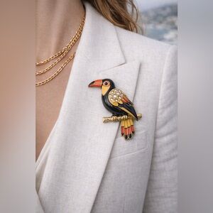 Vintage Swarovski Toucan Brooch Crystal Enamel Figural Bird Pin 1980s Statement